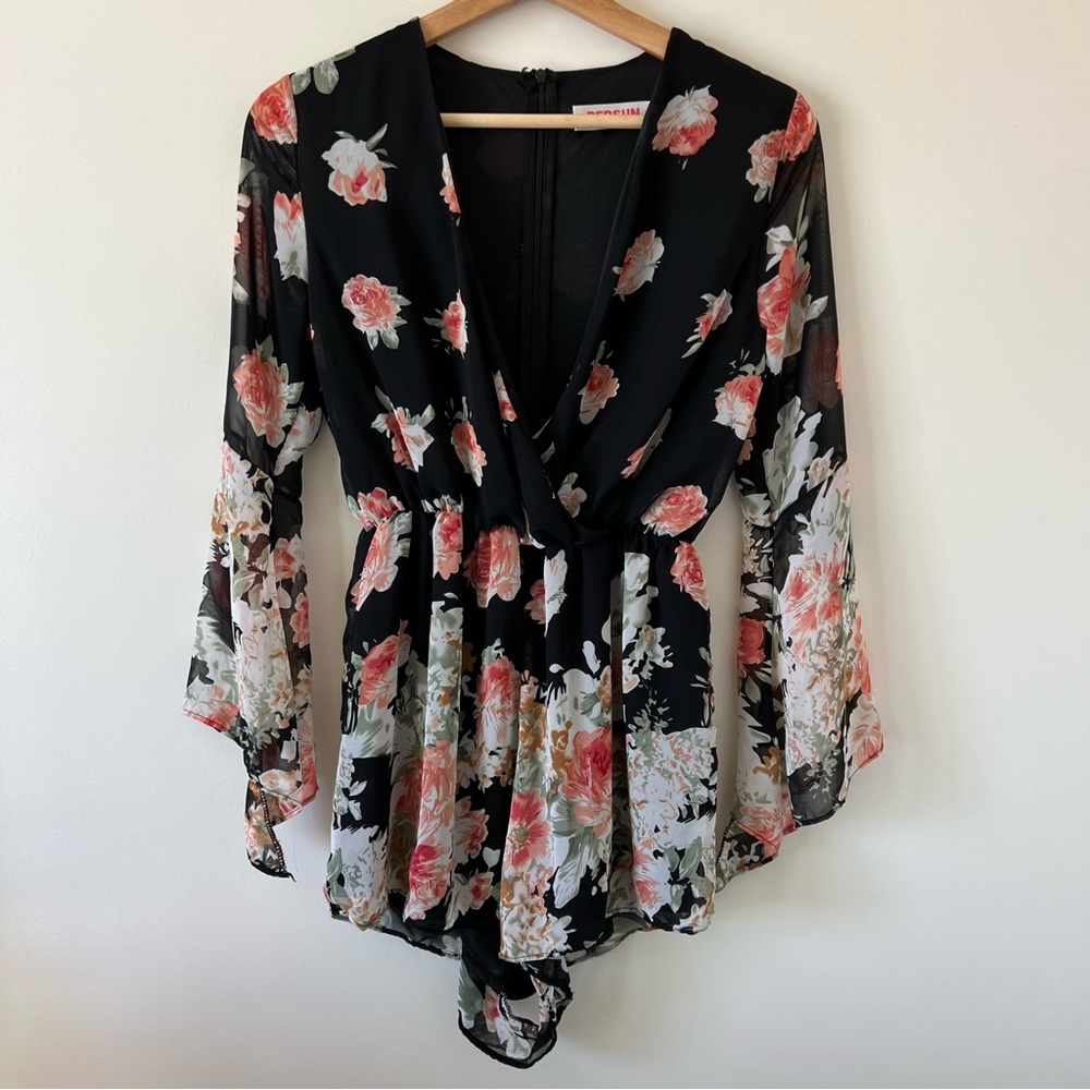 Person Pink and Black Rose Floral Bell Sleeve Romper Festival